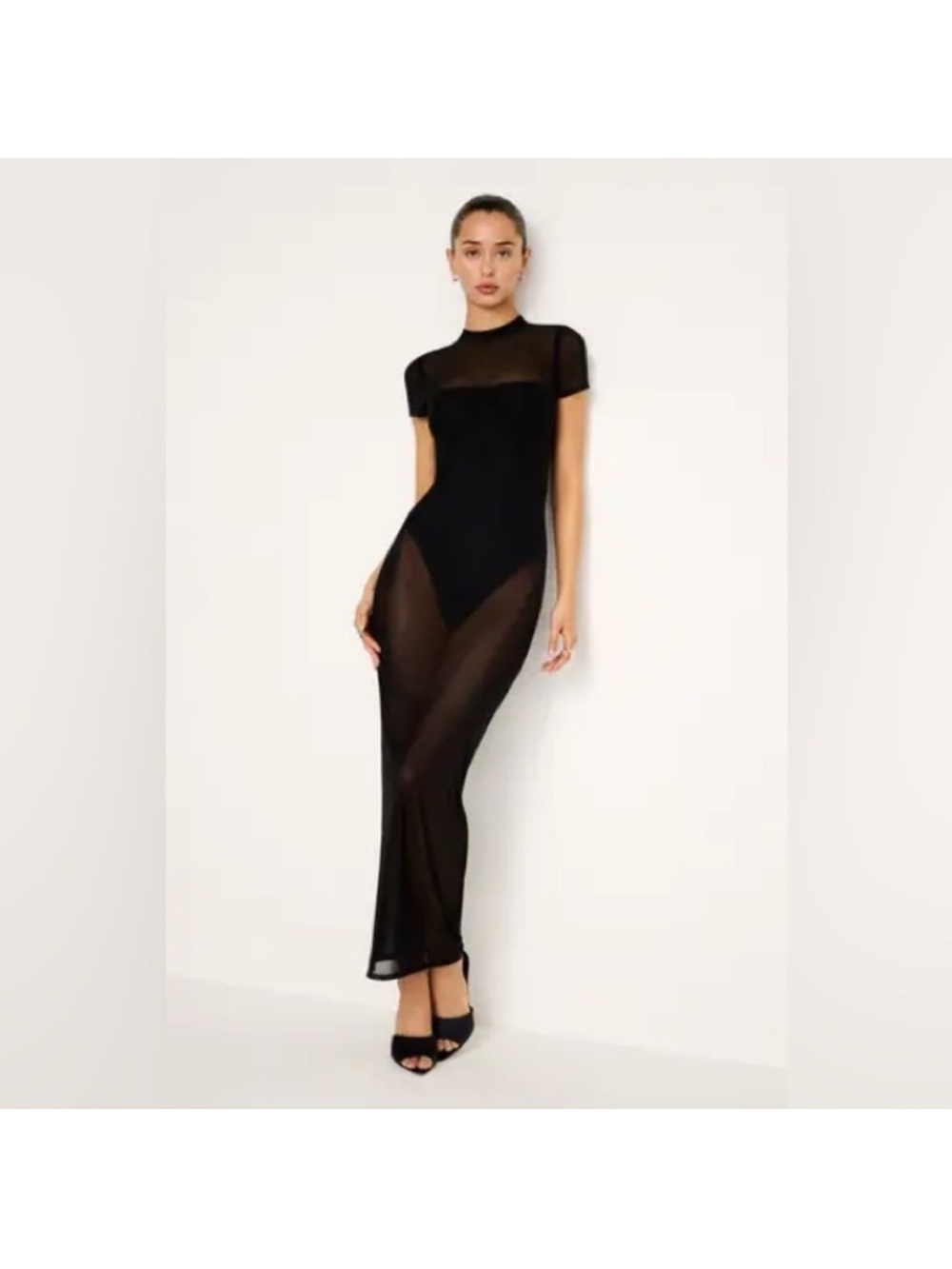 Good American Black Sheer Short-Sleeve Maxi Dress
